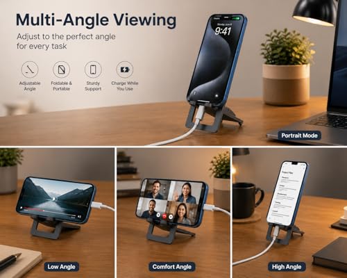 Image of Aluminum Foldable Phone Stand, Premium Metal Mobile Holder for Desk, Pocket Size Portable Stand for iPhone & Android Phones, Charging Friendly, Travel Friendly, Adjustable Viewing Angle