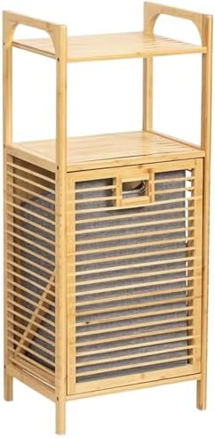 Bambu Banyo Dolabı, 2 Raflı Çamaşır Sepeti Organizatör, Ahşap, 75 L Çıkarılabilir Kumaş Kirli Çamaşır Haznesi Kirli Sepetli - Görsel 1