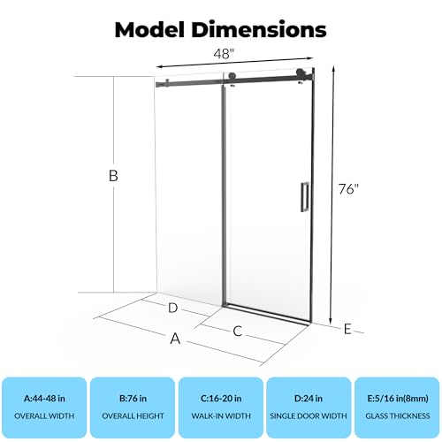 Image of 44-48 in W x 76 in H Shower Doors, Frameless Shower Door, Sliding Glass Door with 5 /16 in (8 mm) Clear Tempered Glass for Bathroom,Explosion-Proof Film,Handle and Seal Strip