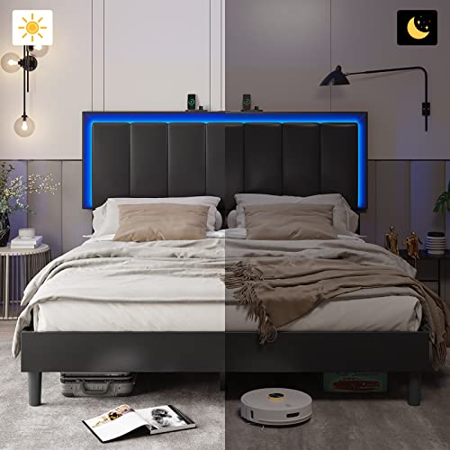 Hasuit Full Bed Frame With Headboard And Led Light,Vegan Leather Upholstered Full Size Platform Bed, Headboard Height Adjustable, No Box Spring Needed, Noise Free, Easy Assembly, Black #TOP7