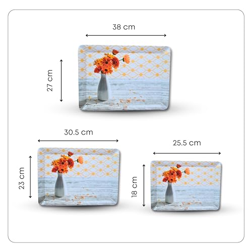 Image of Printed Rectangular Melamine Serving Tray| Tray for Serving Tea, Coffee, Snacks | Break Resistant| Double Laminated | Multi-use | Easy to Clean| | Tray Set of 3 (Small, Medium, Large)(Flower vase)