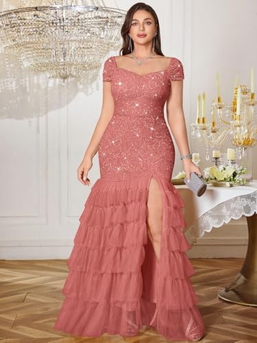 MISSMAY Women's Plus Size Sequin Floral Lace Mesh Tiered Ruffle Slit Mermaid Long Formal Evening Gown Dress3