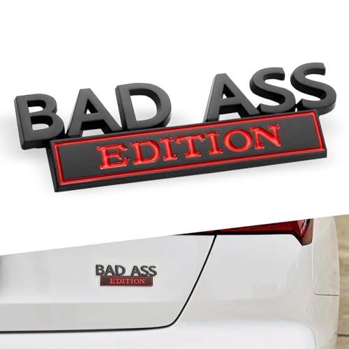 Image of Pack-1 Car 3.93 inch x 1.34 inch Fender Badge Sticker, Bad Ass Edition Alloy Anti-Rust Personalized Decoration, 3D Stereoscopic Tailgate Front Grille Hood Decal, Universal for Cars (Black & Red)