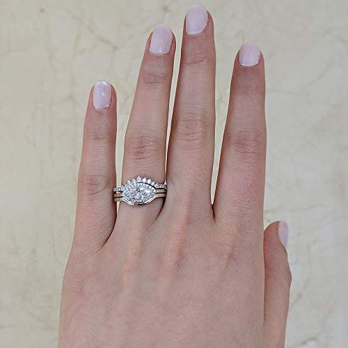 TwoBirch 18k White Gold Microplated East West Marquise Three Ring Bridal Set with Plain Contour Band and Tiara Prong Style Curved Ring (925 Silver, Sizes 7, 8, 9)4