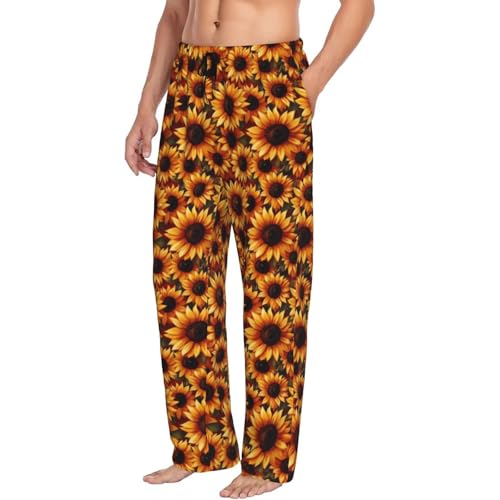 Mens Pajama Pants - Retro Sunflower Print Soft Sleep Lounge Pants For Men, Casual Pj Bottoms With Pockets