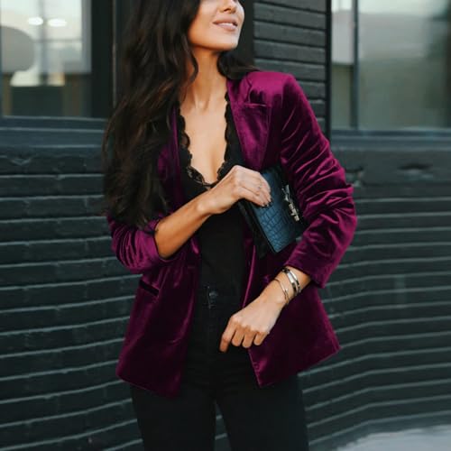 MINTLIMIT Velvet Blazers for Women Long Sleeve Notched Lapel Blazer Formal Events Work Office Velvet Jacket Coat with Pockets,M,Purplish Red2