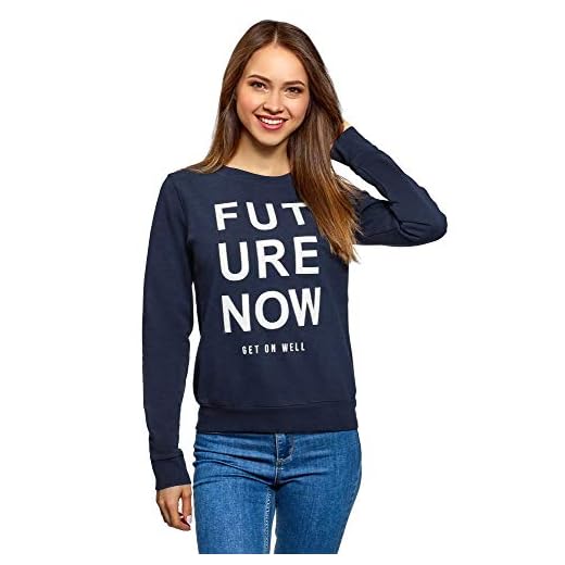 oodji Ultra Mujer Suéter de Algodón con Inscripción, Azul, ES 44 / XL