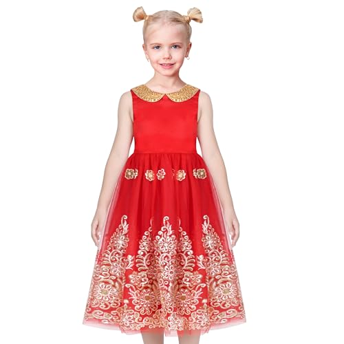 Sunny Fashion Girls Dress Red Floral Gold Embroidery Party Pageant Ball Gown Sleeveless2
