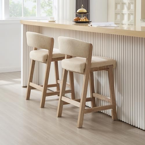 Image of Zesthouse Wooden Counter Height Stools Set of 2, Mid Century Kitchen Bar Stools with Back & Solid Wood Legs, Farmhouse Upholstered Barstools for Kitchen Island, Beige Linen Fabric+Antique Brown Finish