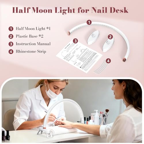 Image of ELEPHANTBOAT USB Arch LED Desk Lamp, Work Light for Nail Art, Flicker-Free 3-Color Dimmable Desk Lamp with Controller, Folding Feet Design, Half Moon Light for Nail, 16.7x8.8''