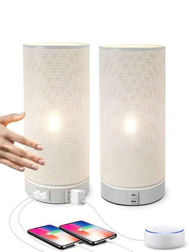 LALISU Nachttischlampe Touch Dimmbar 2er Set, Tischlampe mit Ladefunktion 2 USB Steckdosen 2 LED Birnen, Vintage Lampenschirm Kleine Lampe für Schlafzimmer Wohnzimmer Babyzimmer Büro (Weiß-01)
