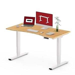 Height Adjustable Standing Desk 3 Stages Dual Motor Stand Up 48” Whole-Piece Bamboo Desktop Computer Desk , Electric Sit-Stand Desk for Home Office(White Frame/ 48” x 24” Curved Natural Bamboo Top)