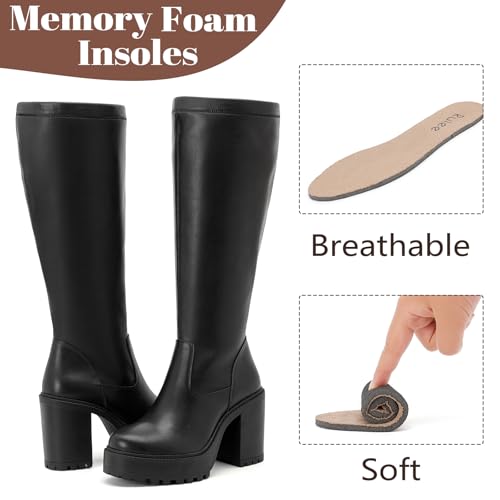 Women's Extra Wide Calf Knee High Boots True Wide Width Platform Chunky Heeled Gogo Boots Rounded Toe Block Heel Tall Boot for Women.4