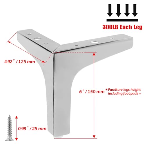 Seimneire XD0011 4Pcs 6 Inch Furniture Legs, Modern Style Furniture Sofa Legs Metal Polished Chrome Triangle Feet thumb #3