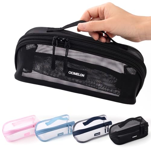 CICIMELON Mesh Pencil Pen Case Multi-Purpose Transparent Zipper Pouch for Stationery Makeup Travel Essentials Large Capacity Organizer Bag Black