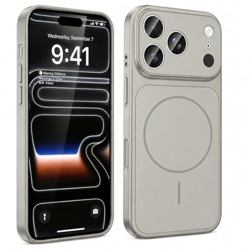 Image of Elzzi Magnetic Case for iPhone 17 Pro Max Case [Compatible with MagSafe][Built-in Camera Lens Protector] Slim Soft Silicone Bumper Shockproof Metallic Luster Back Cover Phone Case (Titanium)
