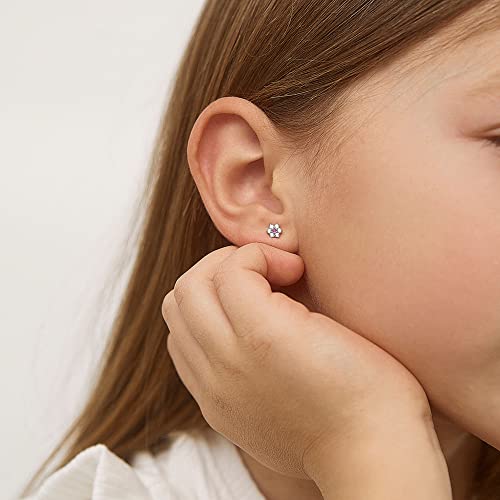 925 Sterling Silver Kids Earrings with 5mm Flower & Screw Backs for Young Girls - Dainty CZ Flower Screw Backs for Toddlers and Little Girls - Cubic Zirconia Floral Studs for Children2