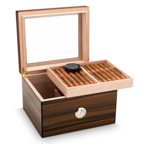 Demcigar Cigar Humidor, Cedar Wood Desktop Cigar Storage Box with Front Hygrometer and Humidifier Dual Zone Storage Humidor for 75 Cigars