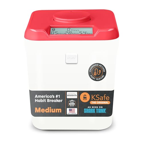 Kitchen Safe Time Locking Container for Phone, Medication Lock Box, Break Bad Habits, Quit Smoking, Stop Snacking, Gaming Addiction, Family Time (Medium, Pink Lid + 5.5” White Base with Access Port)