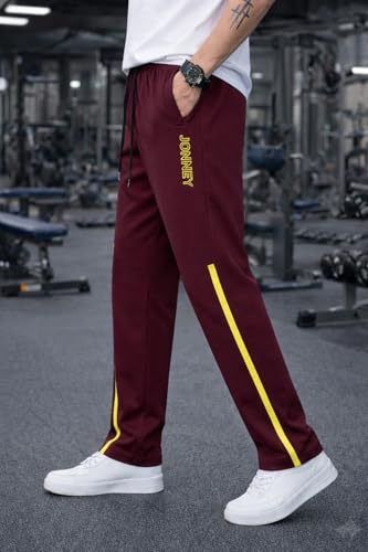 Image of Mack Jonney Men's Track Pants with Neon Yellow Side Stripe | Regular Fit Gym & Sports Lower | Activewear Training Joggers with Drawstring-M7961
