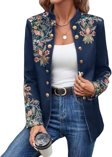 Veste À Double Boutonnage Rétro Élégante pour Femmes Col Montant Broderie De Fleurs Mode Décontractée Printemps Et Automne Blazer Mince À Manches...