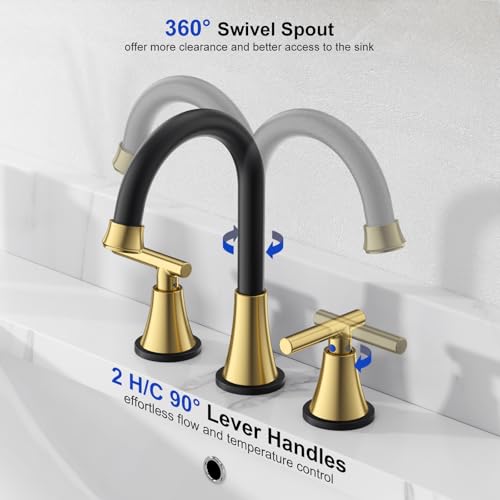 Image of Bathroom Faucet 3 Hole, Black& Gold Faucets with Drain and Supply Lines | Hurran Stainless Steel Lead-Free Widespread Bathroom Sink Faucet for Vanity RV Restroom Laundry Outdoor Camper, 2 Pack