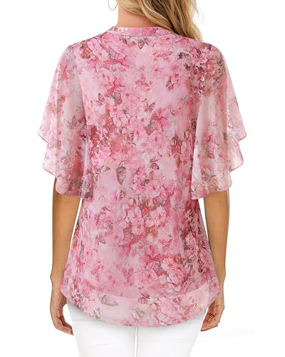 Image of Timeson Women's Short Sleeve V Neck Blouses Shirts Floral Double Layers Mesh Tunics Tops