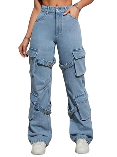 Image of Glossia Fashion Blue Women Cargo Jeans | High Waist Stretchable Wide Leg Loose Fit Denim| Boyfriend Cargo Jeans for Women(WJ-1225)