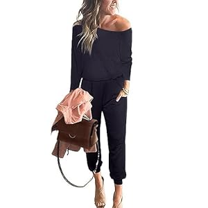 PRETTYGARDEN Women’s Casual Long Sleeve Jumpsuit Crewneck One Off Shoulder Elastic Waist Stretchy Romper