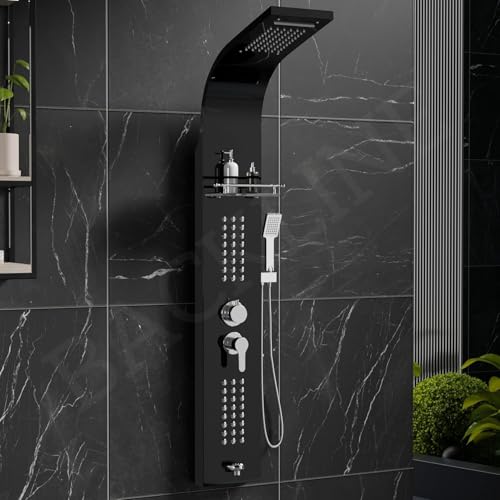 Image of Backline SS304 6 In 1 Shower Panels for Bathroom /Dual Flow Overhead Waterfall & Rainfall Shower /Hand Shower /Hot & Cold Water Mixer /Built-in Shelf for Shampoo Storage /Shower Panel (Black Glossy)