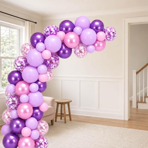 Image of Pink and Purple Balloons Different Size 12, 5inch for Balloon Arch Garland- 60Pcs Metallic Purple Pink Latex Balloon Confetti Ballon with Ribbon for Kpop Birthday Party Girls,Demon Hunter Decorations