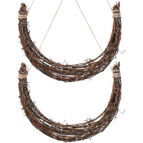 2pcs Moon Shape Rattan Wreath, Rattan Wreath Ring Vine Garland Diy Craft Frame Floral Decorations Front Door Wall and Holiday Party Rustic Style Home Decor