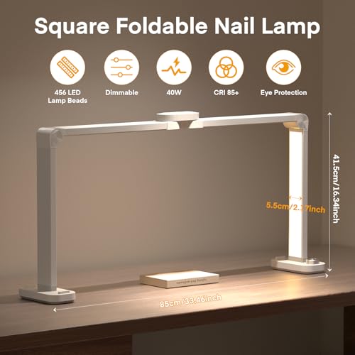 40W Square Nail Desk Lamp 33.5inch Half Moon Lamp Foldable Nail Table Light 3000K-6000K Dimmable LED Nail Tech Lamp with Phone Holder for Nail Tech Lash Eyelash Extension - Image 2