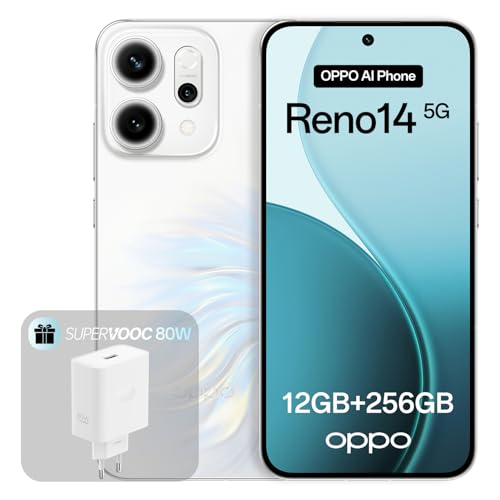OPPO Reno14 5G 12+256GB, Smartphone Android liberado con IA, Pantalla 6,59' 120Hz AMOLED, Cámara AI 50+50MP, Batería 6000mAh, Resistencia al Agua IP69, Opal White (Incluye Cargador 80W SUPERVOOC)