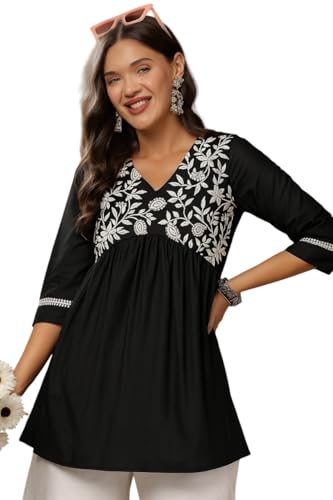 Image of MAHIRA'S Women's Short Kurti, Black Rayon Tunic Top with Embroidered Sleeves, 3 /4 Designer Sleeves
