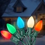 Romasaty C7 Christmas Lights Outdoor, 25Ft Vintage Christmas String Lights with 27 Multicolor Ceramic Bulbs, Hanging Christmas Decorations Lights for Roofline House Garden Patio Backyard Party-Green