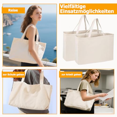 Coztie Baumwolltasche, 2 Stück Groß Einkaufstasche 45 x 35 cm Baumwollbeutel Stoffbeutel, Jutebeutel, Stoffbeutel Unbedruckt für Wäsche Sport Shopping Wiederverwendbare Jutebeutel (2, Beige)
