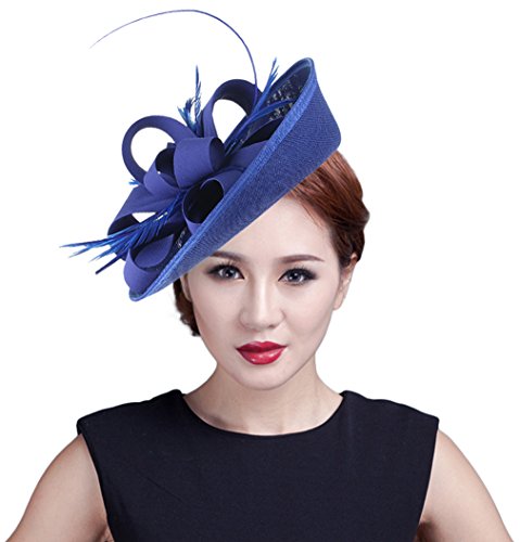 Chapeau bibi bleu haut de gamme avec voilette en tulle et plumes de cérémonie