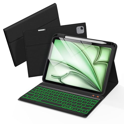 Senyoson for iPad Air 11 Inch Case with Keyboard (M4/M3/M2) - 7 Color Backlit Wireless Detachable Keyboard with Pencil Holder for iPad Air 5/4th Gen& Pro 4/3/2nd 1st Gen Black