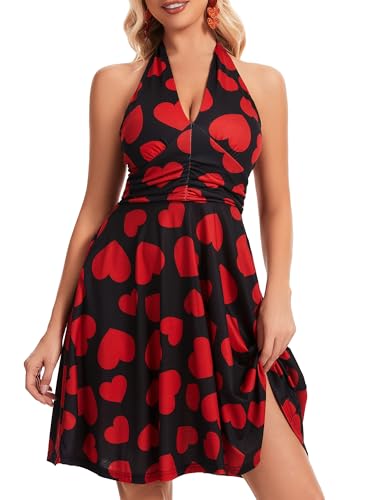 Image of Women's Festival Dress- Halter V Neck Sleeveless Ruffle Mini Dresses with Pocket
