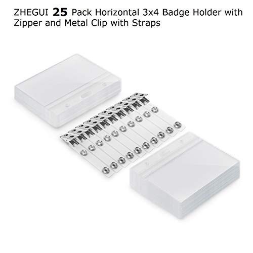 Clear Plastic Horizontal Name Tag Holders And Metal Badge Clips With Vinyl Straps Waterproof Pvc Id Card Badge Holder 3X4 Inch By Zhegui (25 Pack, Horizontal Large 3X4) #TOP1