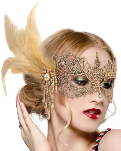Zinniday Lace Masquerade Masks for Women - Gold Venetian Antique Mask 1920s 50s Elegant Party Eyemask Feather Halloween Face Mask for Woman Lady Men Cosplay Carnival Renaissance Accessory