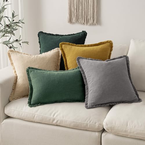 Image of MIULEE Linen Fringe Decorative Lumbar Throw Pillow Covers Army Green 12x20