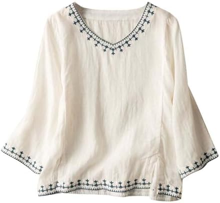 Cotton Linen Tops for Women Summer Casual 3/4 Sleeve T Shirts Lightweight Ethnic Style Embroidery Blouses Tees White