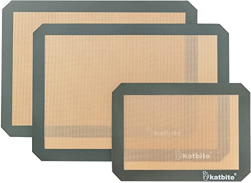Katbite Backmatte aus Silikon 3er Set, Antihaftbeschichtung Silikon Backmatte Dauerbackfolie Wiederverwendbar Backfolie Silikonmatte BPA frei, Backmatten for Brot/Macarons/Kuchen/Pizza