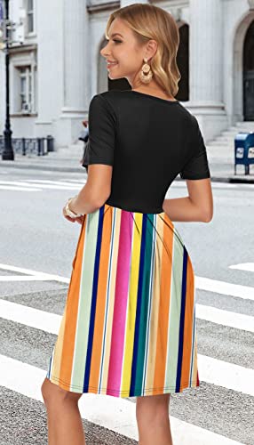Auselily Women's Short Sleeve Pleated Loose Swing Casual Dress With Pockets Knee Length(Xl,Black Rainbow Stripe) #TOP4
