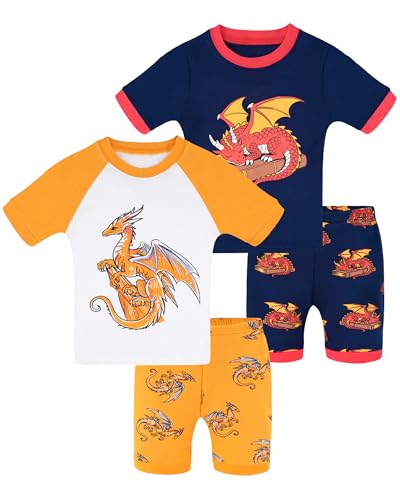 DAUGHTER QUEEN Boys Pajamas Toddler Summer PJs Kids Dragon Sleepwear 100% Cotton Short Sleeve Pj Sets Children 4 Piece Jammies Flying Dragon Clothes Size 2T Age 2 Years Old