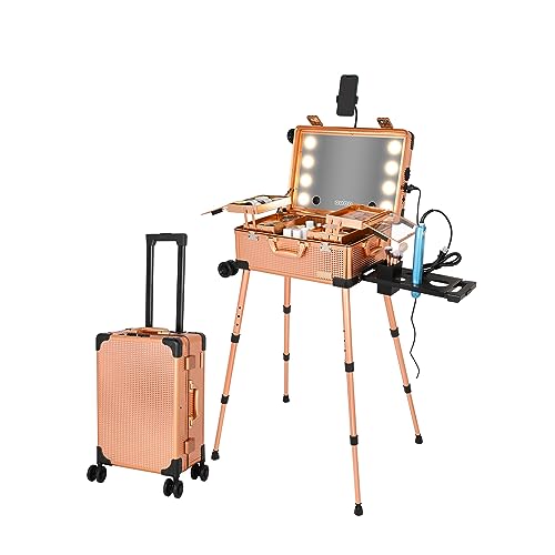 Tense Edano 20" Aluminum Ligthed Makeup Train Case with LED Lights Professional Cosmetic Organizer Studio with Speaker, Wheels and Stands Rolling Trolley Makeup Vanity Station for Travel (Rose Gold) by Tense Edano - Used condition - US$167.79