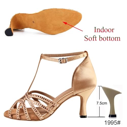 Dancing Shoes for Woman Latin Dance Shoes Women Salsa Tango Ballroom Party High Heel Rhinestone Skin Colour Outdoor Shoes(Indoor Skin 7.5cm,39)2