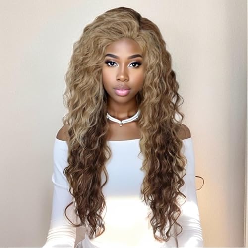 Image of GNIMEGIL Super Long Curly Wig 80s Big Wavy Wigs for Women Brown Mixed Blonde Highlights Fluffy Curls Free Part Root Synthetic Costume Party Carnival Wig with Hairpin